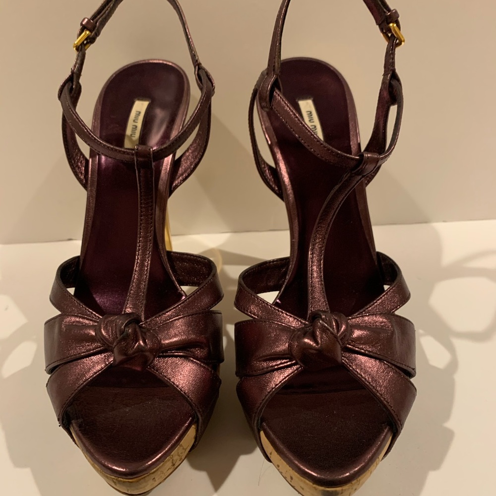 Miu Miu metallic platform ankle strap heels 38.5
